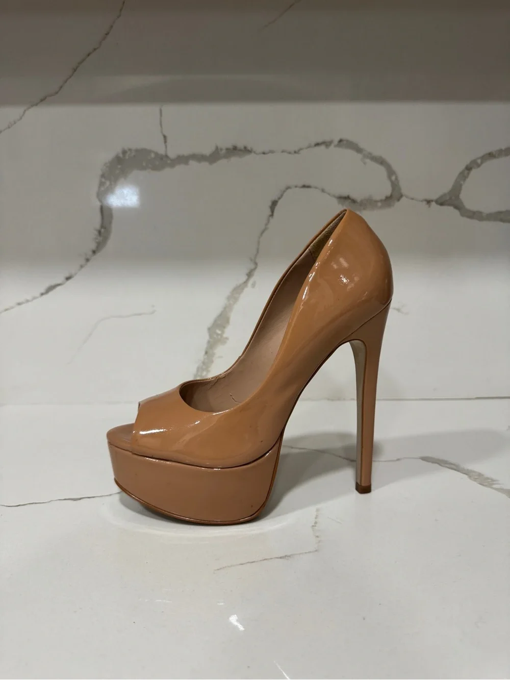Steve Madden Patent Platform Peep-Toe High Heel in Nude